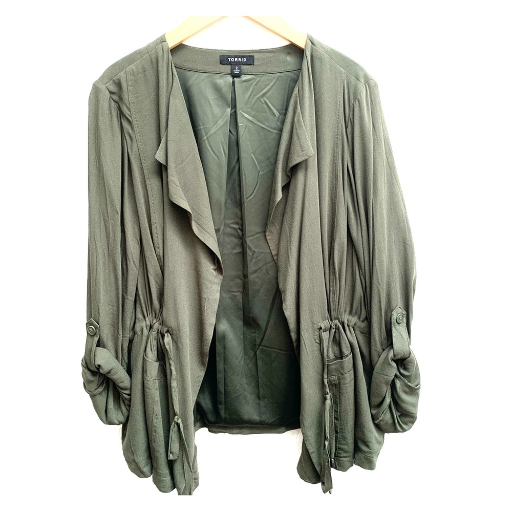Olive green drape jacket with tie waist